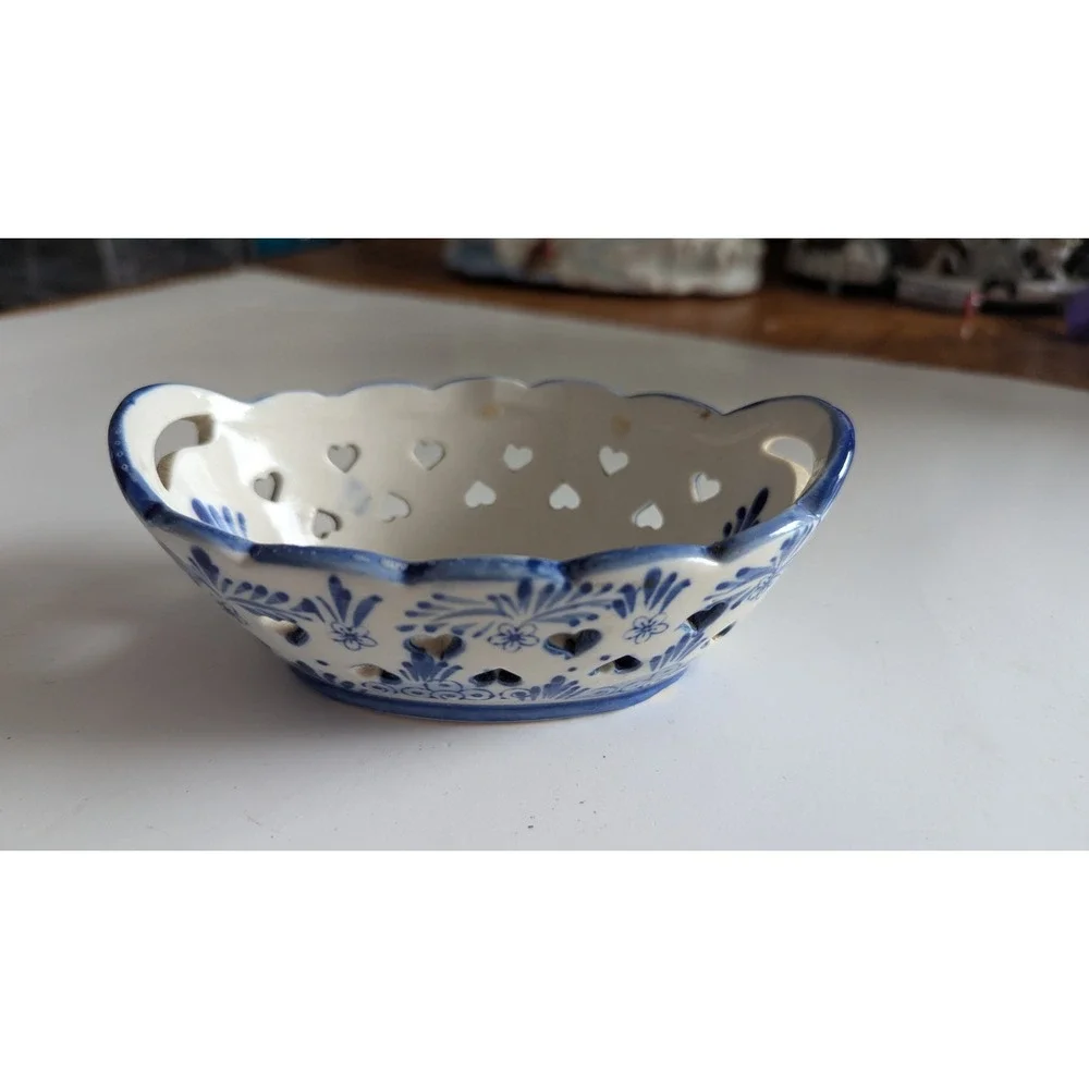 Delft Blue Style Ceramic Trinket Bowl Heart Cutouts Windmill Blue White Oval